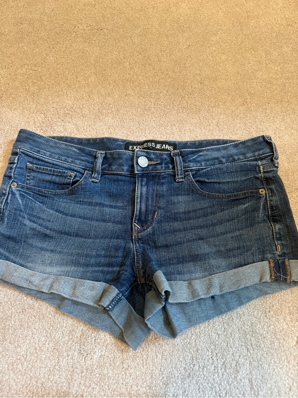 Express Mid Rise Jean Shorts Dark Blue Denim Cuffed Shorts